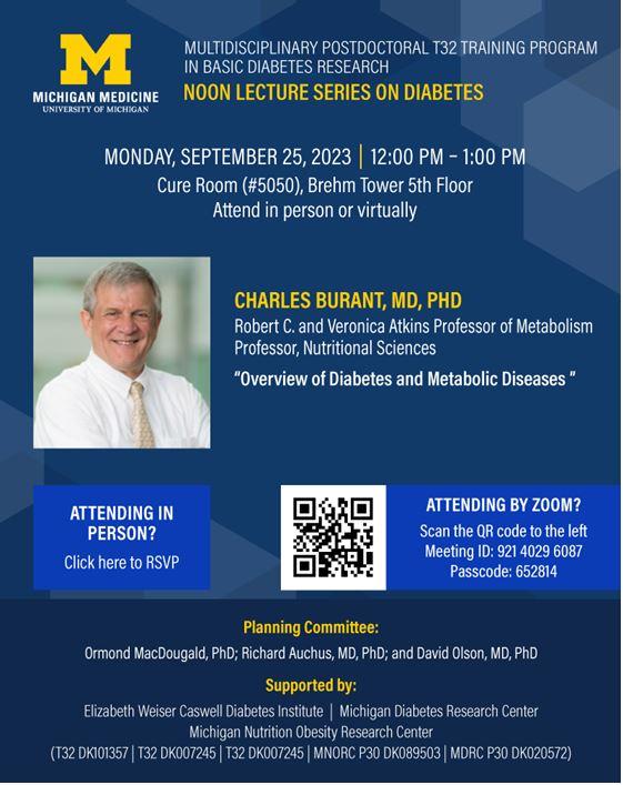 Image of Dr. Burant with talk title, date and location information.