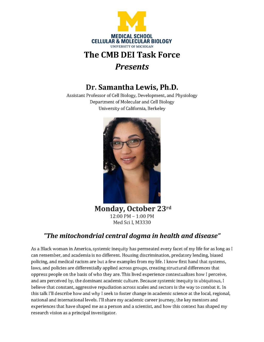 Image of Dr. Lewis, the title of her talk, along with a brief bio.