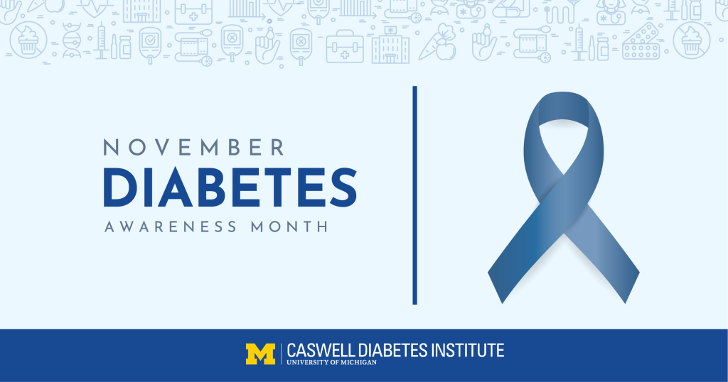 November is Diabetes Awareness Month with blue ribbon image