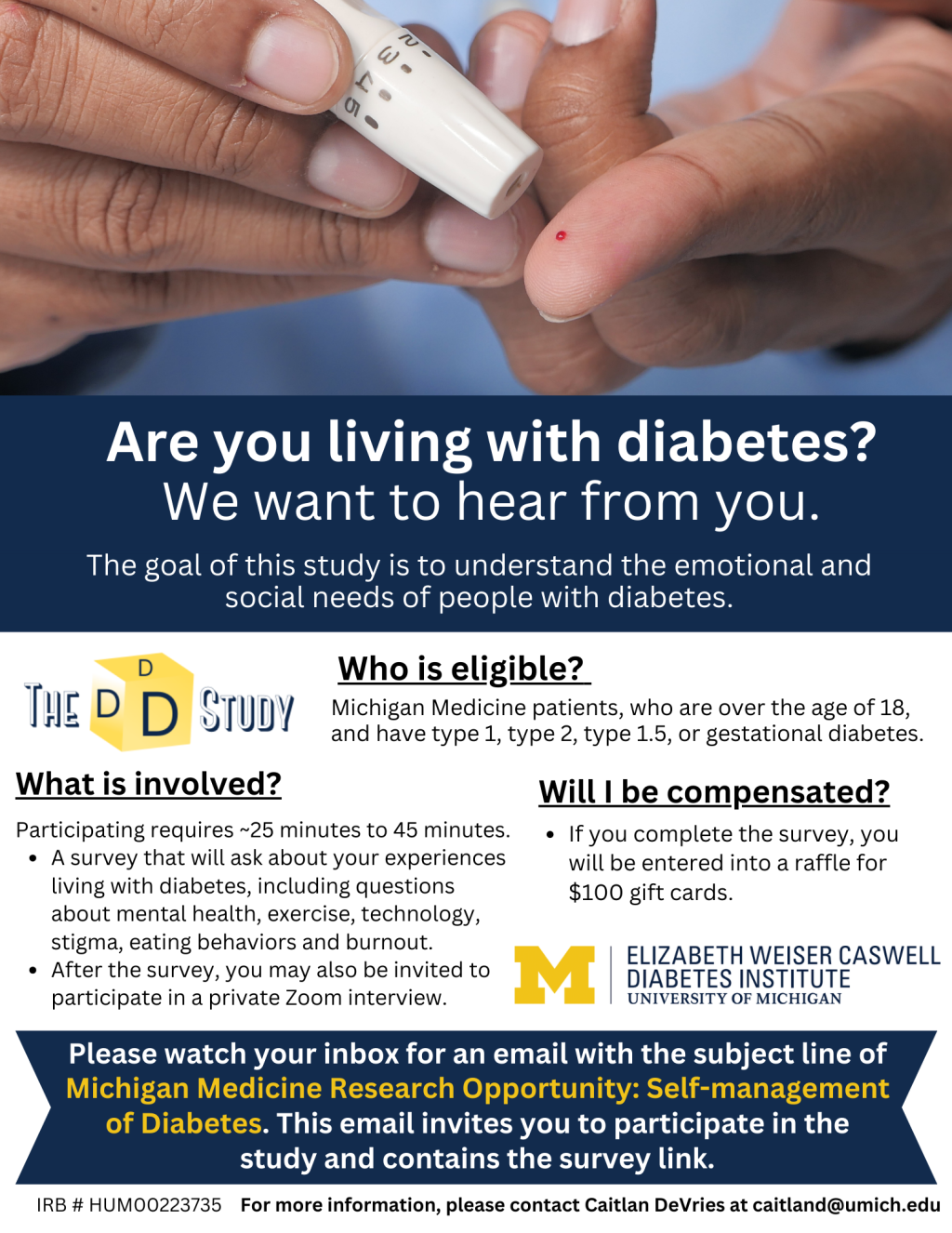 Image of person checking blood sugar with text asking people living with diabetes to participate in the study