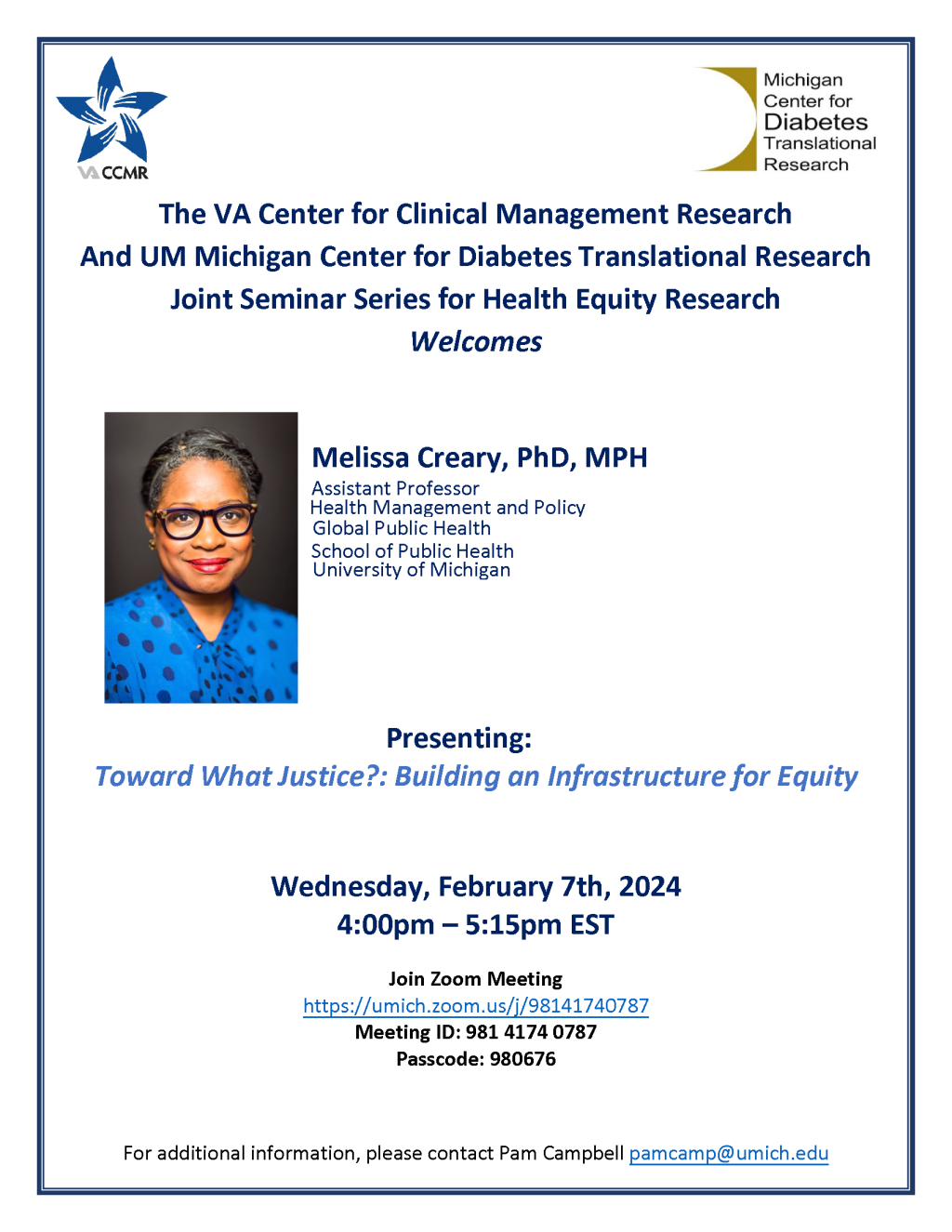 Image of Dr. Creary, title of the event and talk.