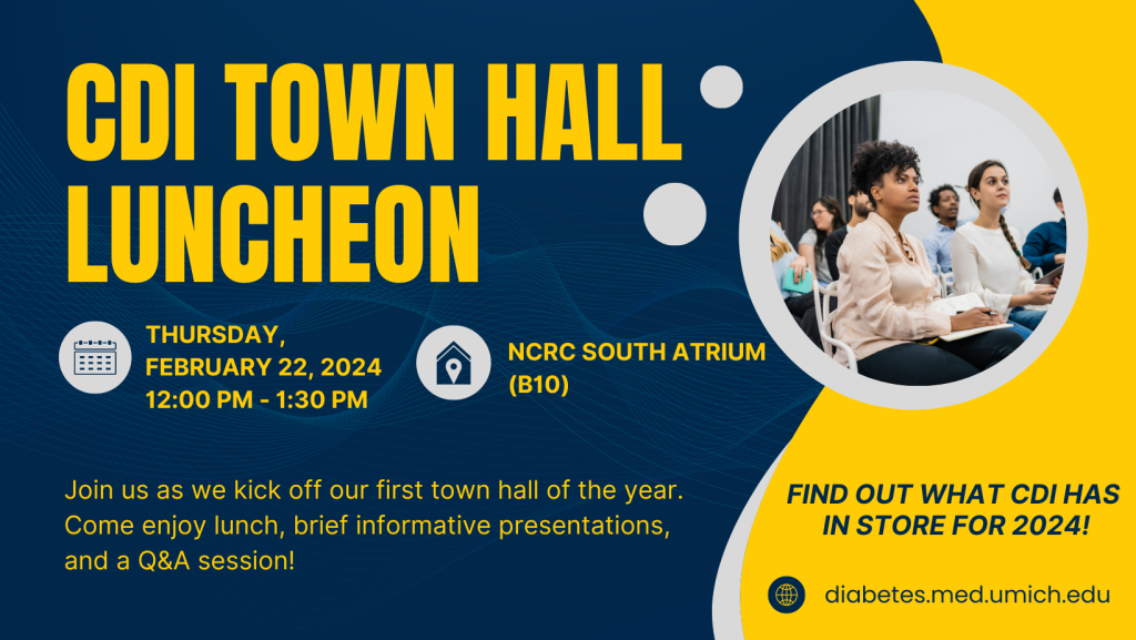 Town Hall Flyer with image of people appearing to listen while sitting alongside one another