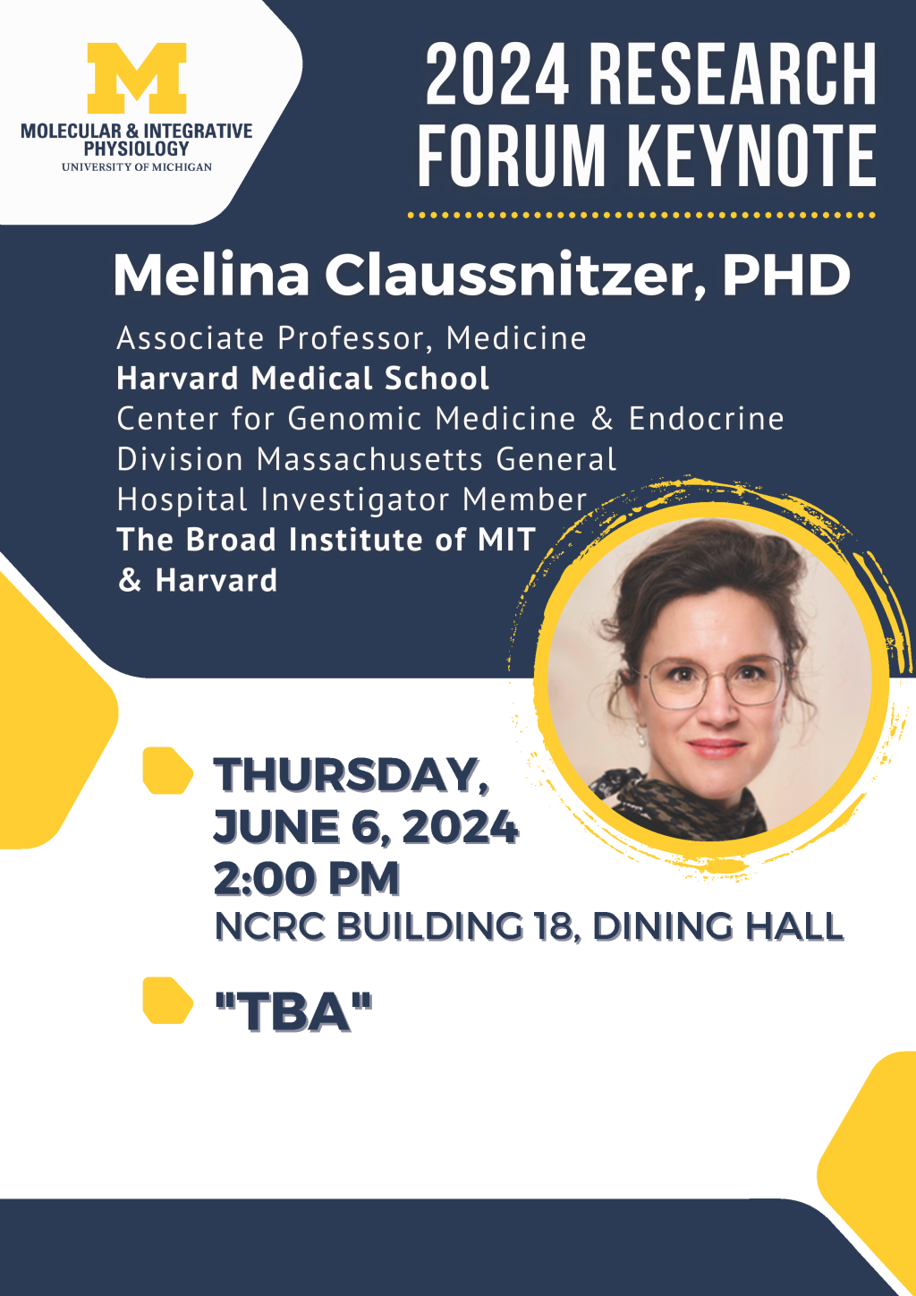 Maize and Blue flyer with image of Dr. Claussnitzer along with presentation information