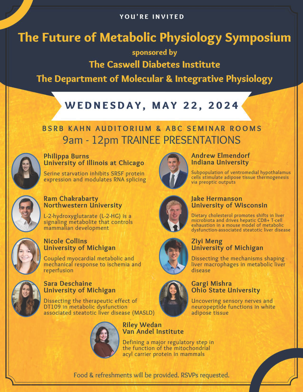 Flyer with names and images of trainees and their talk titles