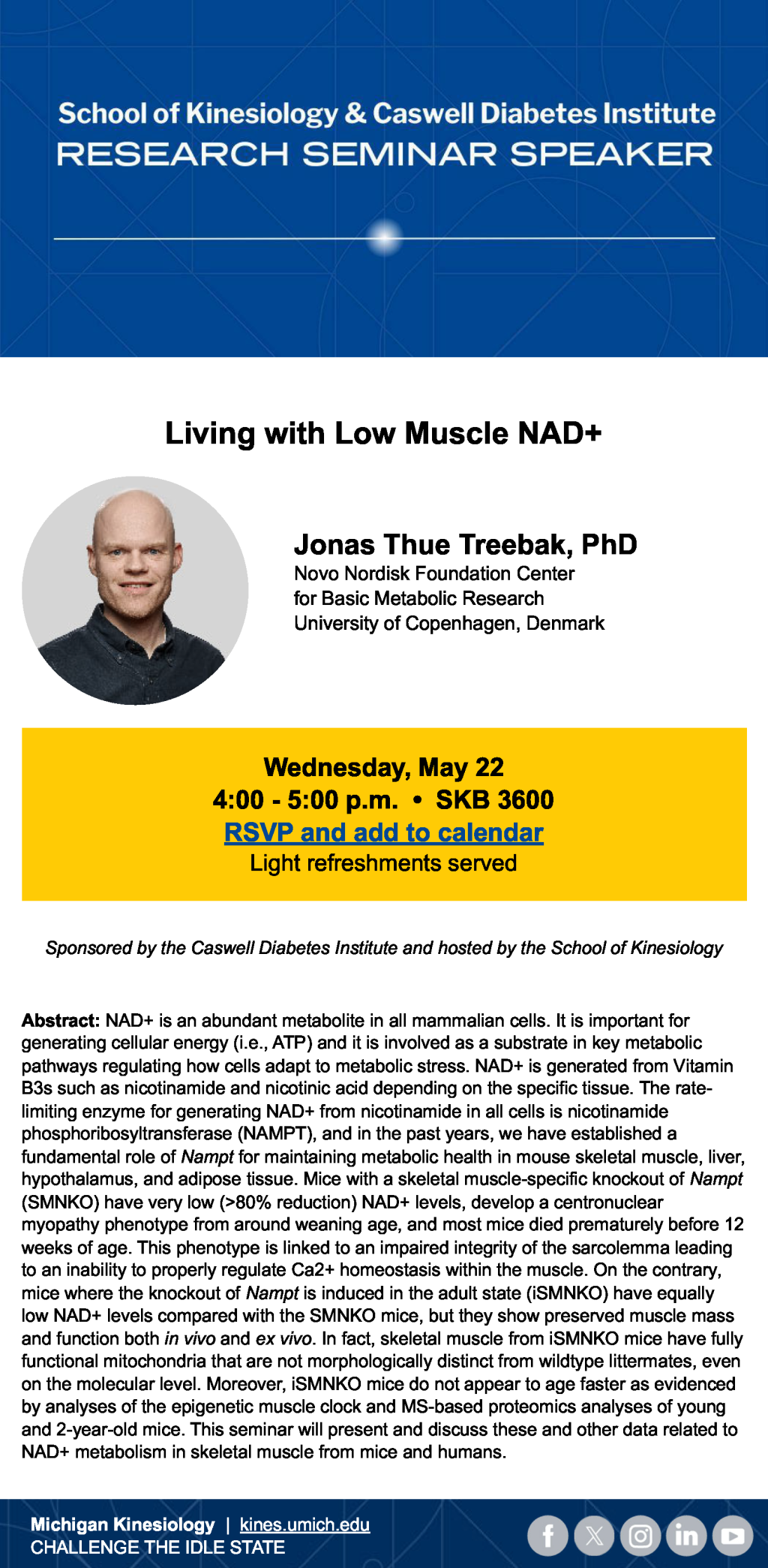headshot of Dr. Treebak with talk title, location and abstract information