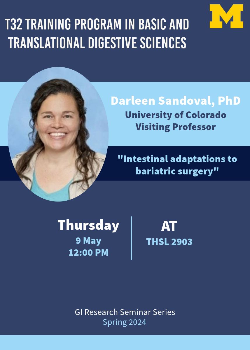 Blue flyer with image of Dr. Sandoval smiling along with talk title, date, time and location