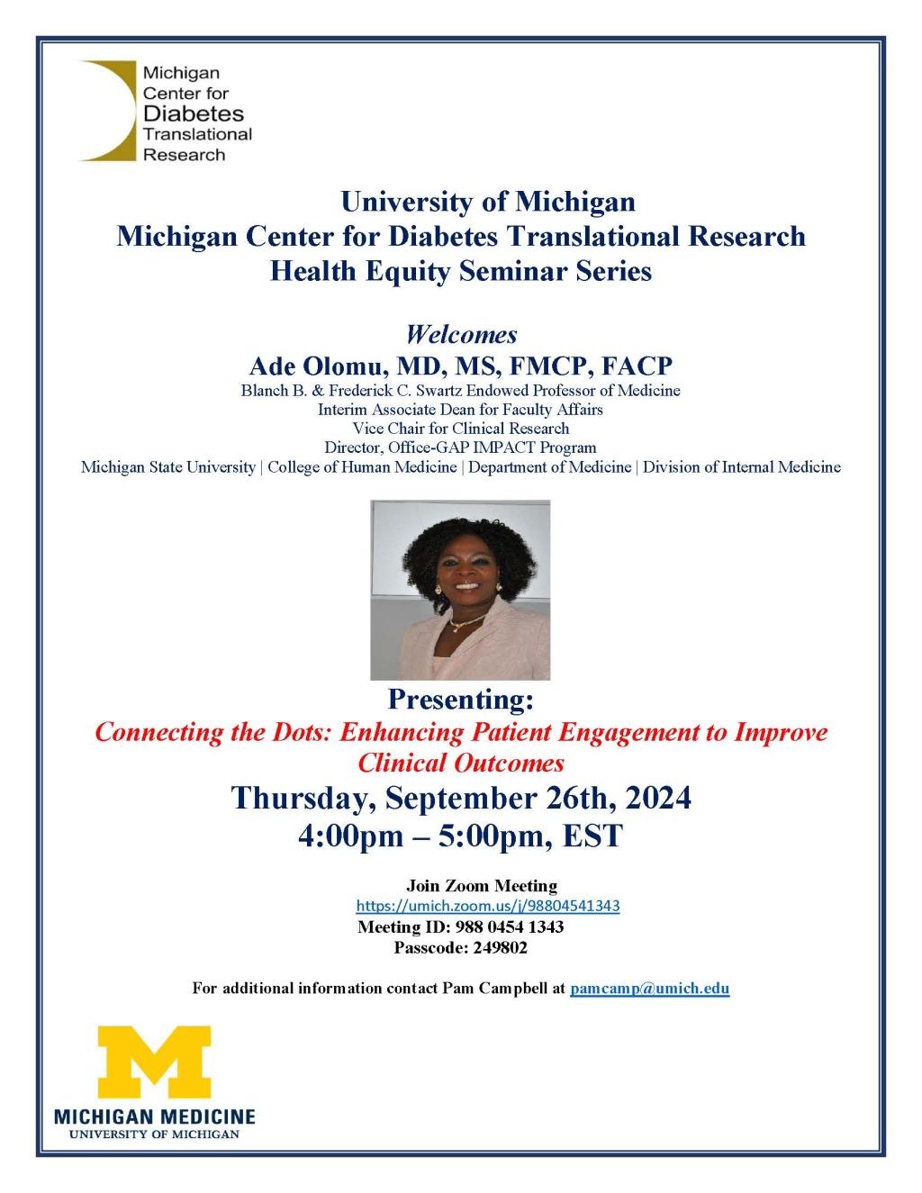 White seminar flyer with Dr. Olomu and her talk title 