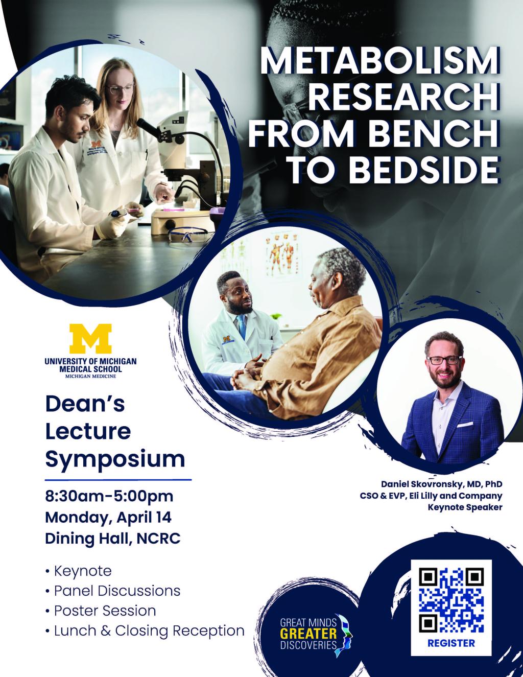 Navy and white flyer with images of UM faculty in a lab, a provider and patient and keynote speaker