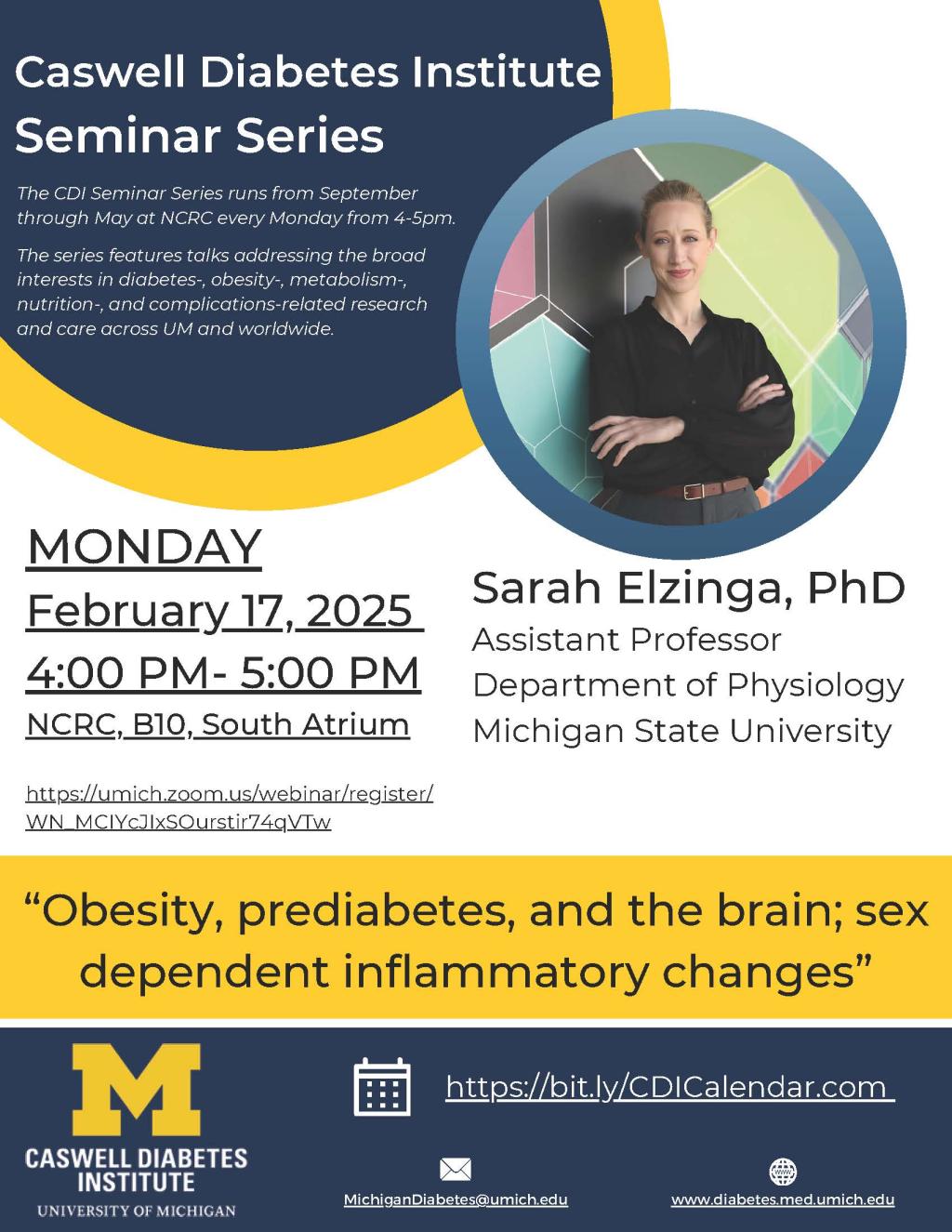 Flyer of Dr. Elzinga in black shirt smiling with arms folded along with talk information