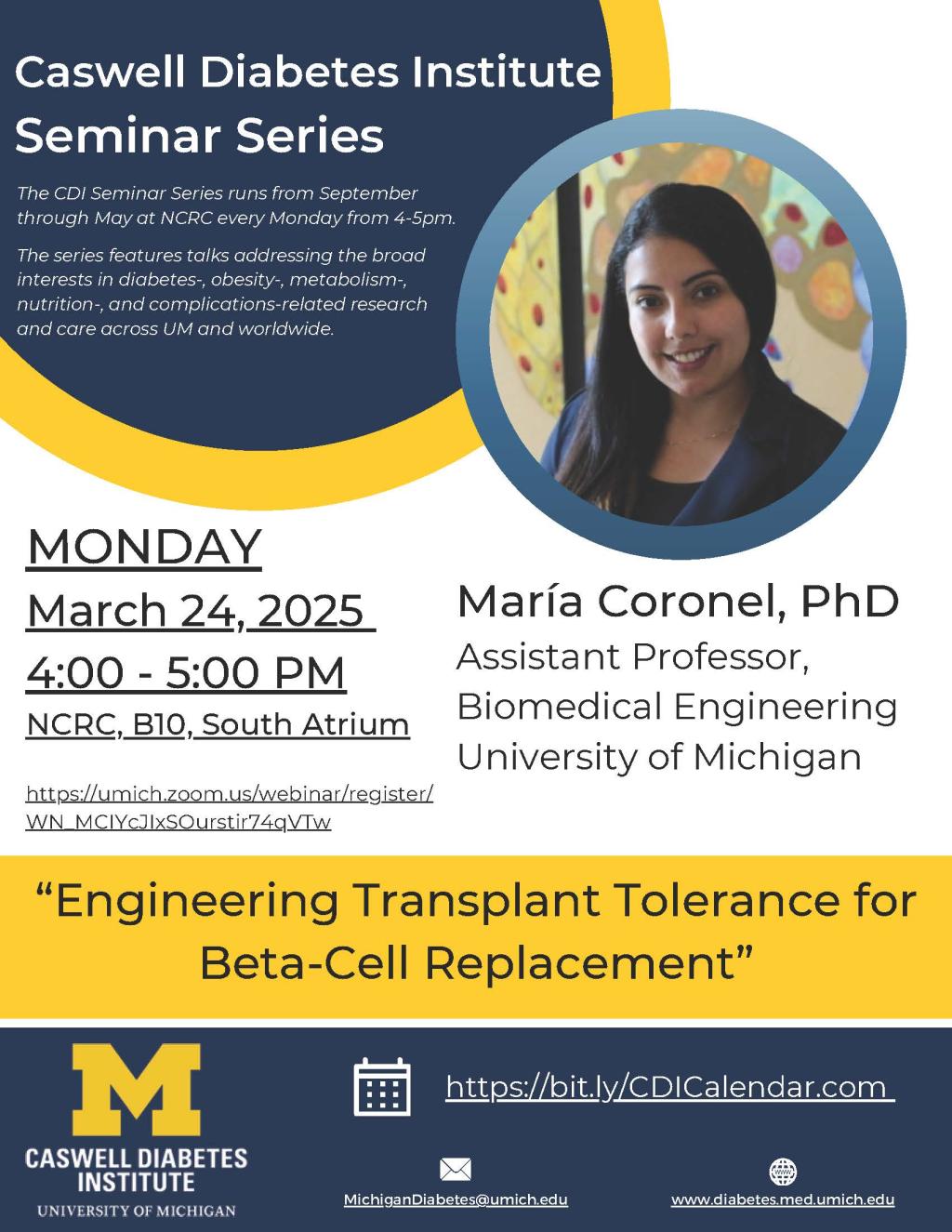 Headshot of Dr. Coronel along with talk details