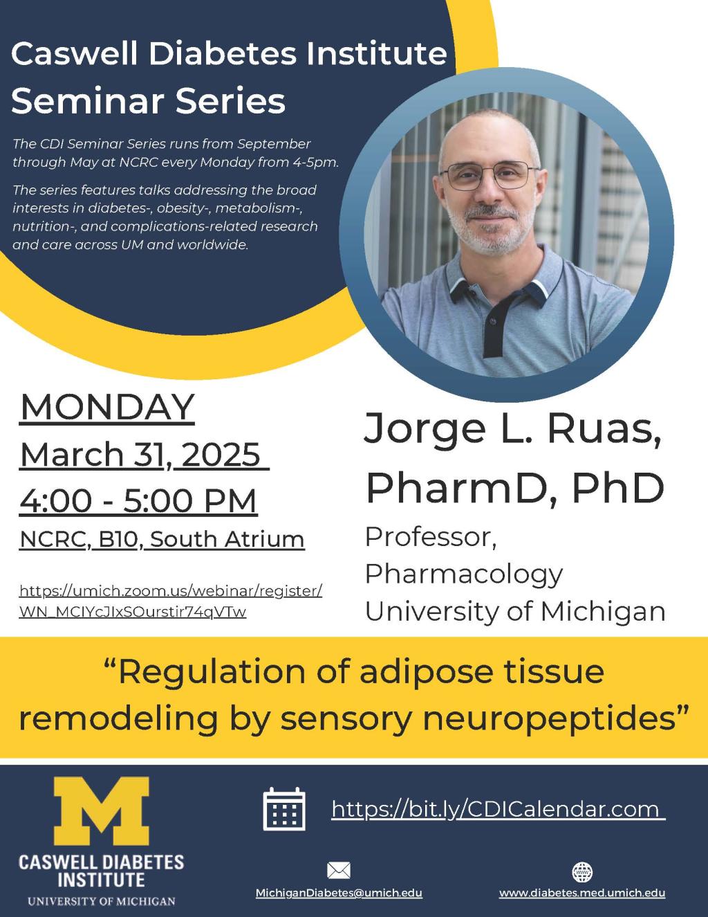 Dr. Ruas in light blue shirt with black wire rimmed glasses along with talk details