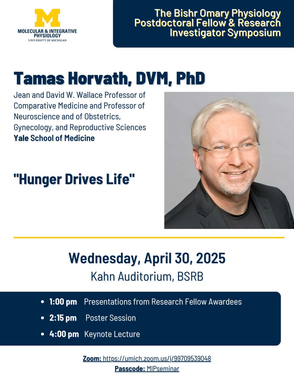 Flyer with headshot of Dr. Horvath in black shirt and blazer with talk title and information