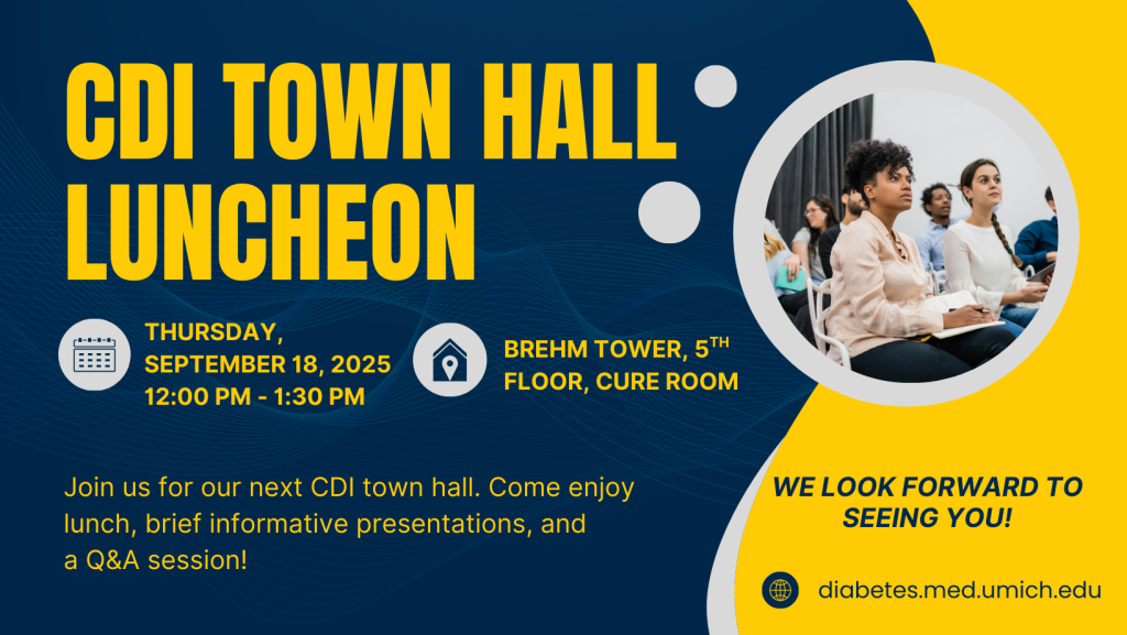 Maize and blue flyer with gray circles. Includes image of people who appear to be listening to a talk