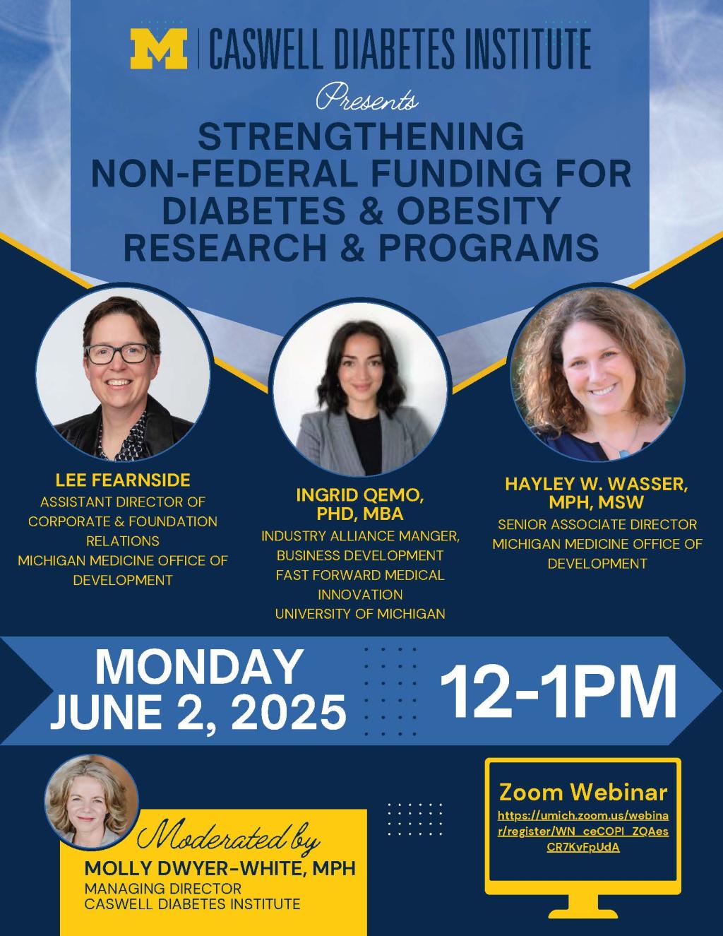 Maize and blue flyer with 3 circular headshots of the speakers aligned horizontally. Along with talk title and details