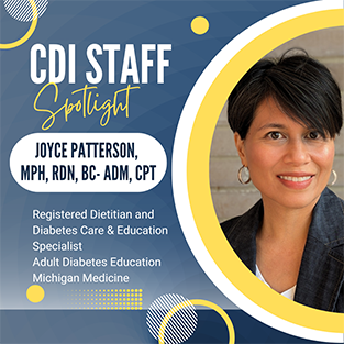 maize, blue and white circular themed flyer with headshot of Joyce Patterson