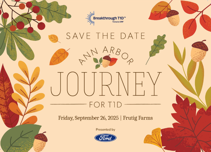 Fall themed image with red, yellow and green leaves and acorns and Journey for T1D information