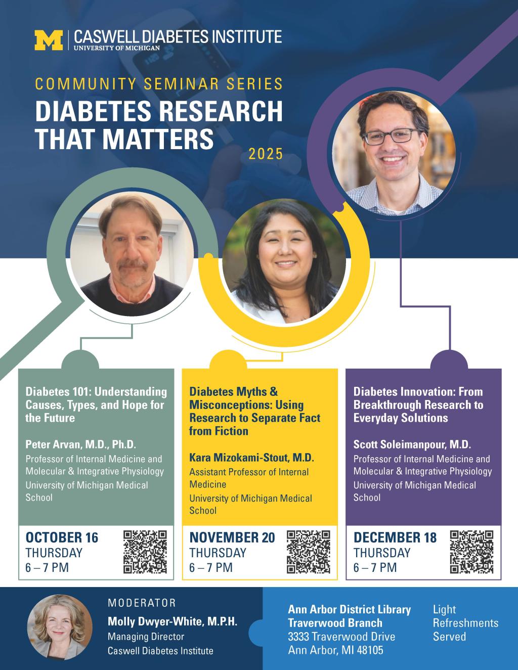 Circular images of Drs. Arvan, Mizokami-Stout and Soleimanpour along with their talk titles and information.