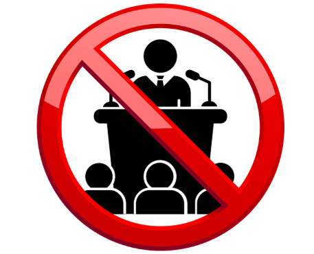 Black graphic of person speaking at podium with three figures in front, with red circle with diagnal line in front of graphic 