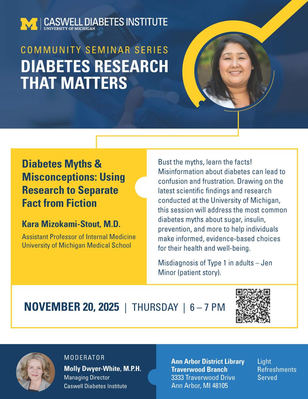 Flyer for the Caswell Diabetes Institute Community Seminar Series titled "Diabetes Research That Matters." The featured talk is "Diabetes Myths & Misconceptions: Using Research to Separate Fact from Fiction" presented by Kara Mizokami-Stout, M.D., Assistant Professor of Internal Medicine at the University of Michigan Medical School. Event details: Thursday, November 20, 2025, from 6–7 PM at the Ann Arbor District Library – Traverwood Branch. Moderated by Molly Dwyer-White, M.P.H. Light refreshments will be 