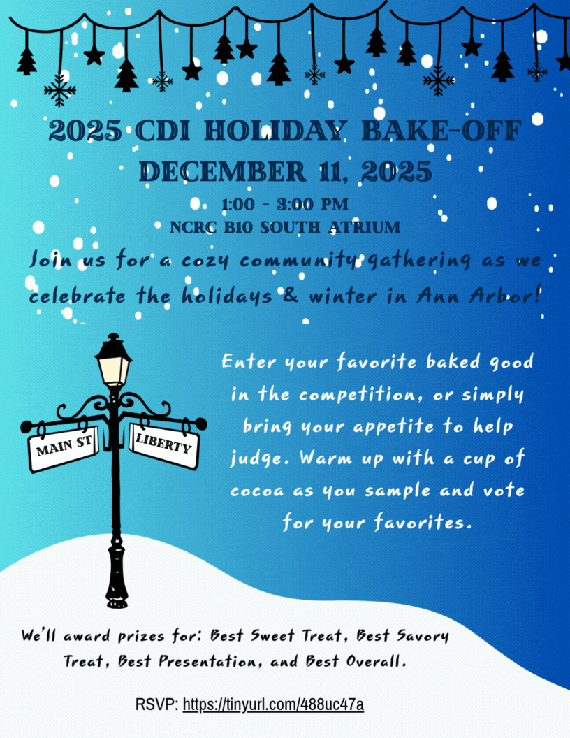 Blue flyer with an image of a black light post along with text detailing the CDI holiday bake-off. Text includes information on the contest and potential for prizes