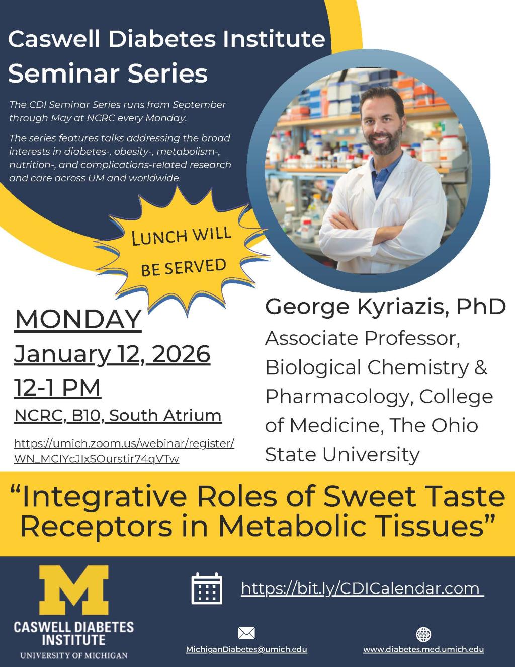 Man standing with arms folded in blue shirt and white lab jacket with shelves behind him along with the details of the talk. 